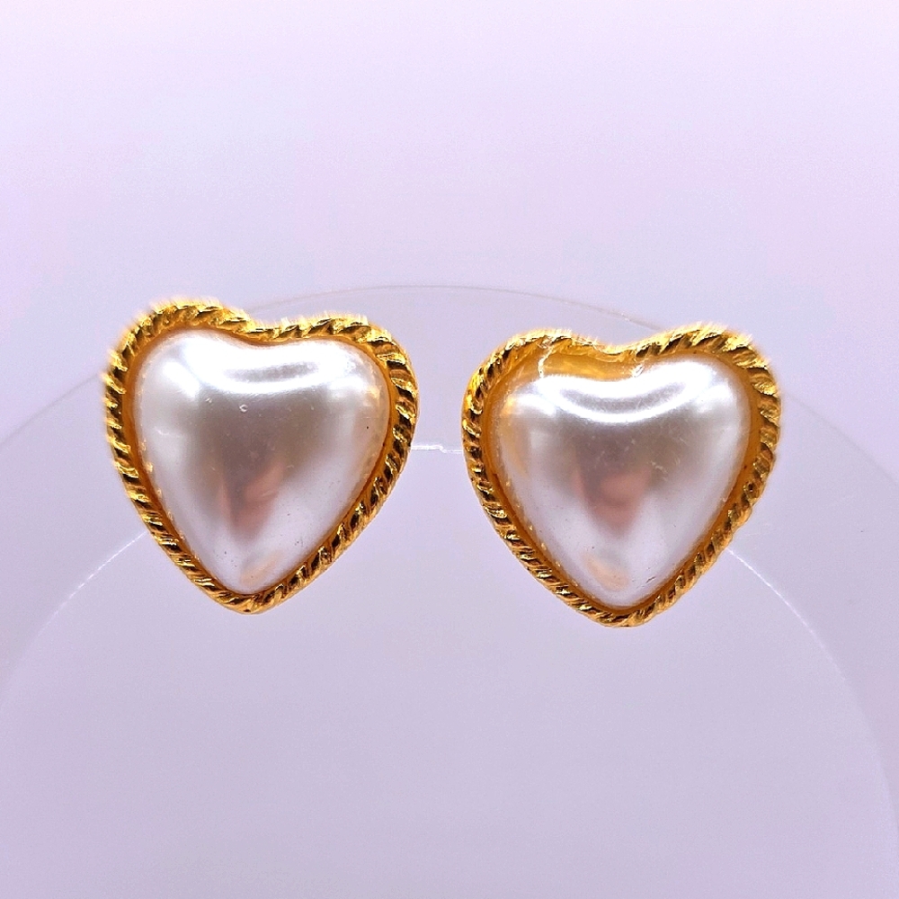 Vintage Goldtone and Faux Mobe Pearl Heart Earrings